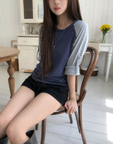 Pocky Check Button Roll-up Raglan Long Sleeve