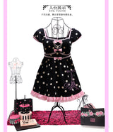 Paris girl Shining Paris Girl Eiffel Tower Print Rhinestone Pink and Black Color-Blocked Polka Dot Puff Sleeve Top and Dress