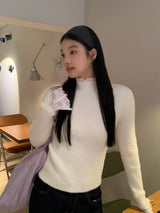 lace ribbed white turtleneck long-sleeved knitwear