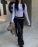 Shirring dark denim boots cut pants