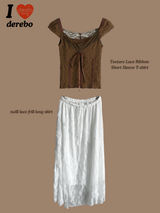 Texture Lace Ribbon Short Sleeve T-shirt