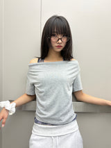 Check Halter Off-Shoulder Semi-Cropped T-Shirt 3color
