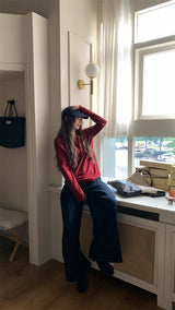 Round button waffle long-sleeved t-shirt