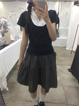 レースジップカラー半袖パフTシャツ(black)