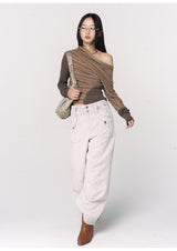 CONFUN Asymmetrical off-the-shoulder, laid-back and slimming base layer, striped knitted patchwork top
