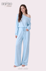 ワッフル アシンメトリカル オフショルダー スウェットパンツ セット (TOP+PANTS SET)