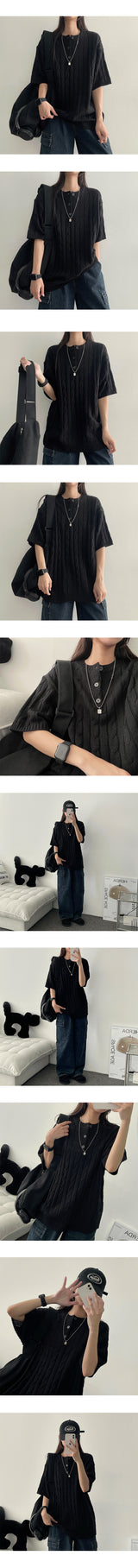 Lomon Cable Henry Neck Twisted Short Sleeve Knitwear