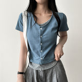 Erkin Spandex V-neck Color Layered Button Cardigan Short Sleeve T-shirt