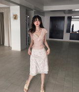 from cream floral chiffon midi sk