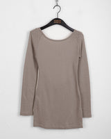 Tirit back slit cross strap punching U-neck off shoulder long sleeve T-shirt