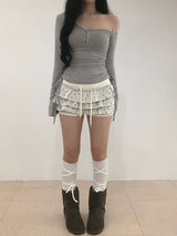 アンバル シャーリング リボン オフショルダー Tシャツ