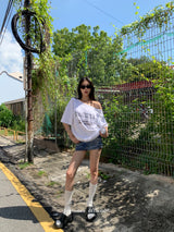Barcode unbuttoned shoulder loose fit tee