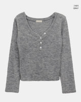 ボリフリースボタンVネックロングスリーブTシャツ
