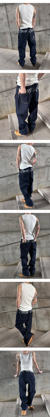 [Unisex] Handling stitch wide denim pants(3color)
