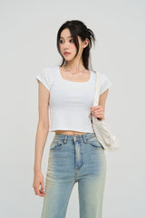 [U-BASIC] Poke Span Square Cap Sleeve T-Shirt