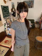 Yurimo Stripe Boat Neck Short Sleeve Tee