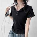 Slim Fit 🤍 Henry Neck Waist Pintuck Slit Spandex Short-Sleeved T-Shirt (4 colors)