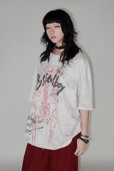 スケルトンレースプリントロールヘム半袖Tシャツ-white