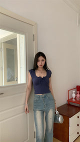ストラップ U ネック半袖クロップ T シャツ