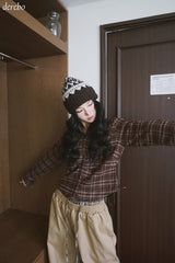wool cotton shirring checkered long-sleeved shirt