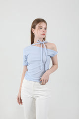 Off Shoulder Twist Half-Sleeve T-shirt Sky Blue
