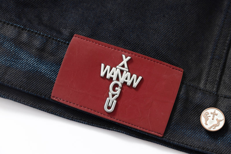 COATED KNIFE-SCRAPED HAND-WIPED DISTRESSED DENIM JACKET