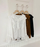 Shushu V-Neck Lace Ruffle Blouse