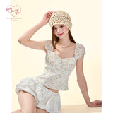 [GirlyFancyClub] French Court Small Floral Satin Top for Women