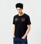 Slub Henley-Neck Cropped T-Shirt Union Jack Black
