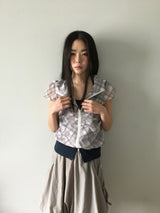 Plaid chiffon シャーリングジップアップ (2color)