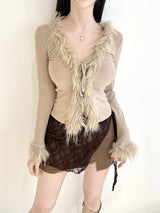 1083. Fur trimming ribbon cardi (3color)