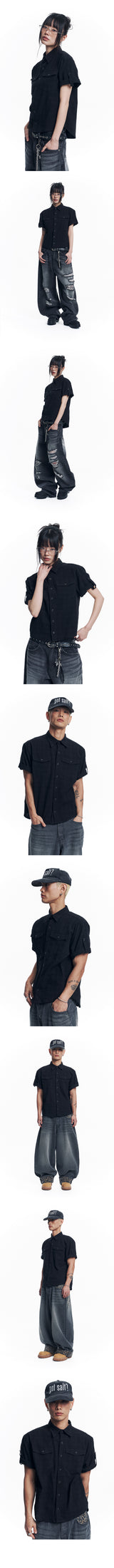 Texture Crop Roll-Up Check Short Sleeve Shirt - Black