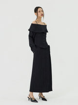 Scratch Cape Off-Shoulder Belted Shirt, Black
