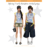 BETWEENAND サマー イエロー ストライプ Vネック スリムフィット ウエストシェイプ ショートスリーブ Tシャツ