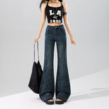 Dark Star Rhinestone Micro Flare Jeans – High Waist Relaxed Fit Wide Denim