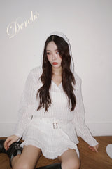 White Hood Pullover Belt One-Piece Dress Top