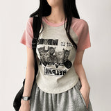 デューリーキャットラグランVネックニットクロップドTシャツ