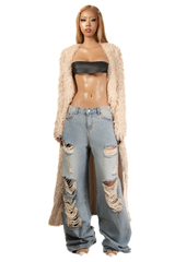POP Beige Faux Fur Long Coat