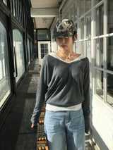 Deep V-neck see-through knit (6c)