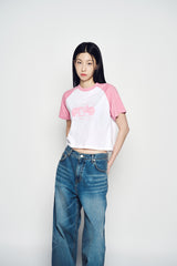 25SS スペースラビットラグランクロップ半袖Tシャツ ライトピンク