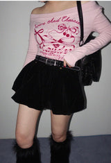 VELOUR BALLOON MINI SKIRT WITH STITCH BELT SET (BLACK)