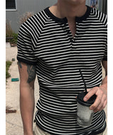 [Slim Fit] ストライプヘンリーネックハーフニットTシャツ(3color)