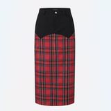 Checked long skirt (Red)