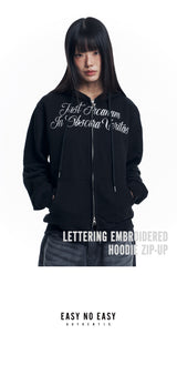 Lettering Embroidered Hoodie Zip-Up - Black