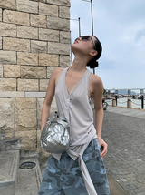 オートミール ルーズ ホルターネック ストラップ ノースリーブ Tシャツ