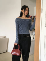 Tinted denim washed unbalanced off-shoulder t-shirt