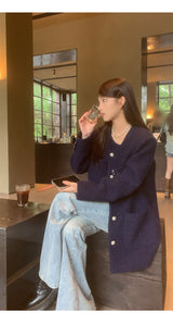 Renee Navy No Collar Round Half Coat