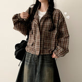 Logle High Neck Check Crop Zip-Up Jumper