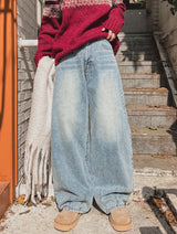 Shell washing wide balloon denim pants