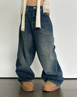 (UNISEX) バルーンデニムワイド BANDING-DETAIL HIP LOOSE BOXY オーバーサイズローライズパンツ - 2 COLOR